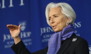 International Monetary Fund Managing Director Lagarde gestures as she speaks about the global economy at the Johns Hopkins School of Advanced International Studies in Washington