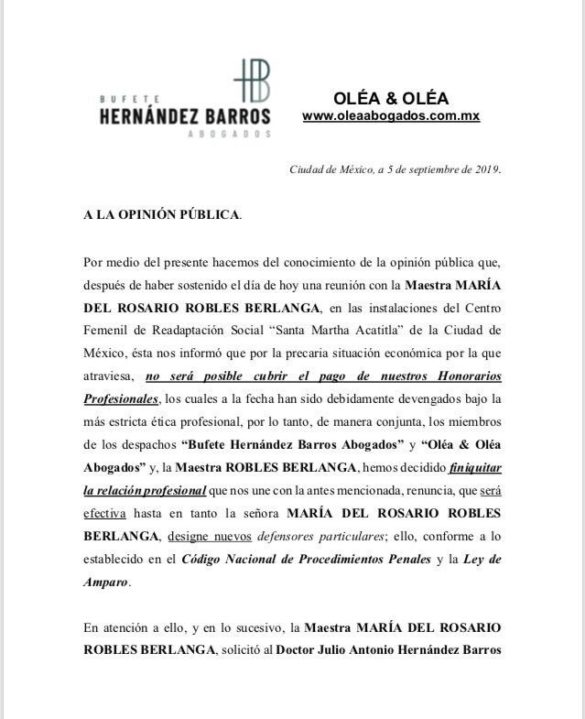 Por falta de dinero Rosario Robles termina relación con sus abogados