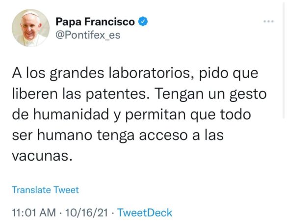 Papa Francisco vuelve a pedir a farmacéuticas liberar patentes de vacunas covid
